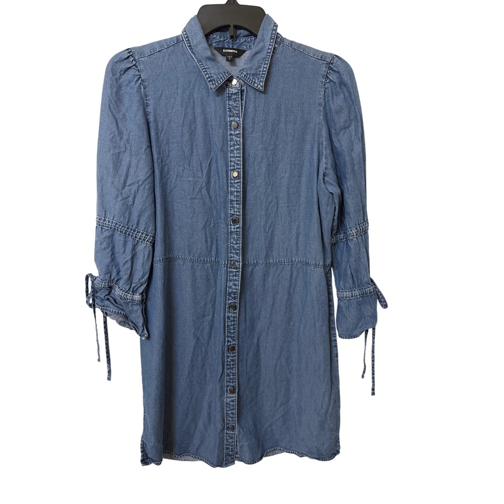 Express Denim Shirtdress Womens Small Petite Blue Lyocell Puff Sleeve Tie Cuff